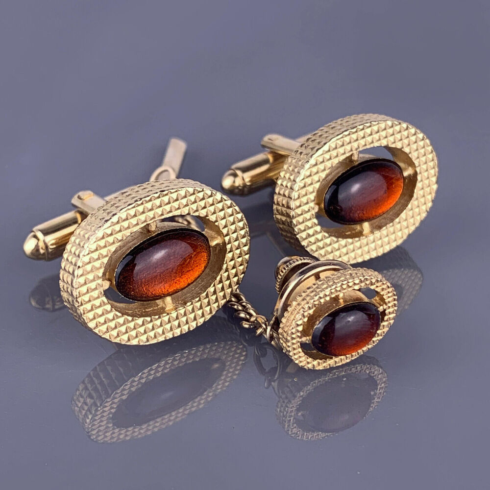 Orange Cabochon Cufflinks Tie Pin Gold Plated Dante Vintage Oval and Etched